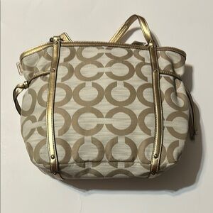 Coach Audrey Op Art Shantung Signature Beige Gold Tote Crossbody 19572